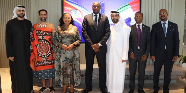 Prime Minister Russell Mmiso Dlamini, Minister of Foreign Affairs and International Cooperation Senator Pholile Shakantu, Minister of Housing and Urban Development Appolo Maphalala (MP), and DMCC Executive Chairman and CEO Mr Ahmed Sultan Bin Sulayem during a visit to the Dubai Multi Commodities Centre.