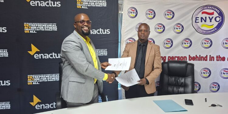 ENYC Chief Executive Officer Lwazi Mamba and ENACTUS Eswatini Country Director Sabelo Dlamini during the signing of the Memorandum of Understanding in Mbabane. Photo by ENYC