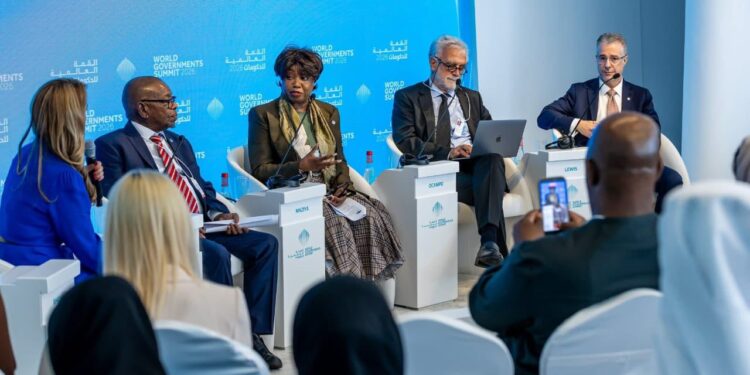 Savannah Maziya (centre) with fellow panelists at the World Government Summit in Dubai discussing the future of global innovation and AI legislation.