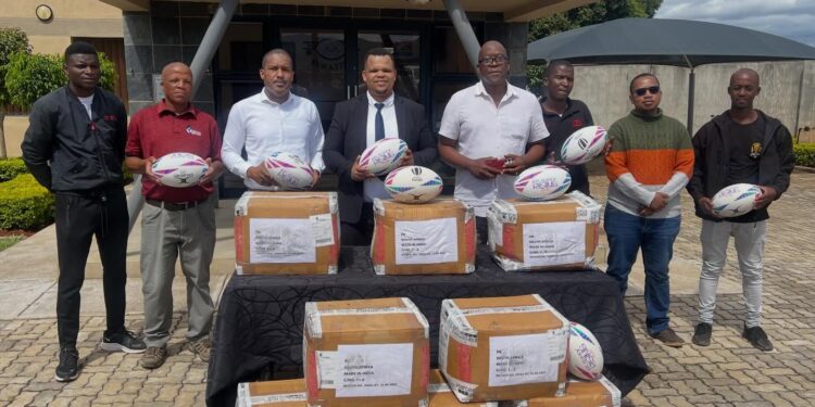 Officials and executives from the Eswatini Rugby Association, Eswatini Olympic and Commonwealth Games Association, and the Eswatini Sports and Recreation Council pose during the handover of rugby balls donated by World Rugby at Lobamba on 16 February 2026.
