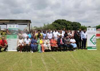 Minister Jane Mkhonta Simelane with government officials, development partners and stakeholders at the launch of the national POPs reduction project in Mbabane.