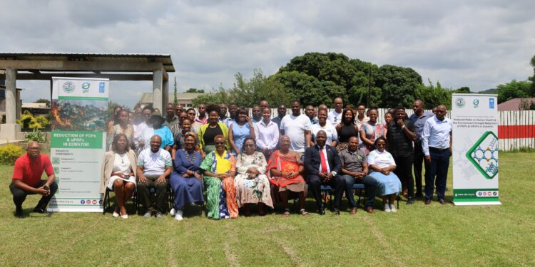 Minister Jane Mkhonta Simelane with government officials, development partners and stakeholders at the launch of the national POPs reduction project in Mbabane.