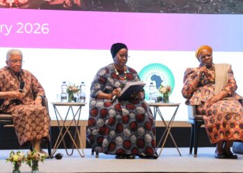 President Netumbo Nandi-Ndaitwah and former Liberian President Ellen Johnson Sirleaf in dialogue, moderated by Nyaradzayi Gumbonzvanda, at the AU summit on women in leadership.