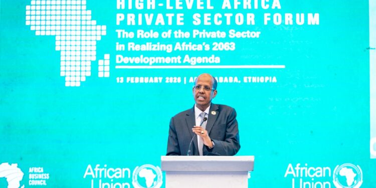 AU Commission Chairperson H.E. Mahmoud Ali Youssouf addressing delegates at the High-Level Dialogue on the role of the private sector in realizing Africa’s Agenda 2063 in Addis Ababa on 13 February 2026.