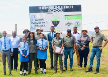 Board members of the Eswatini Environment Fund together with staff and learners of Thembelihle High School during a site visit to inspect the E150,000 water harvesting project at the school.