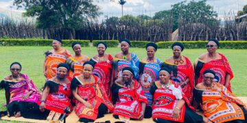 Minister for Home Affairs Princess Lindiwe and Indvuna Dzeliwe Ndwandwe flanked by Lutsango during the announcement of the first leg of the Buganu Festival at Ludzidzini Royal Residence yesterday.