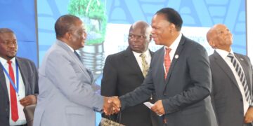 Zimbabwe’s Vice President, Constantino Chiwenga, shakes hands with Prince Lonkhokhela during the official handover of the SADC Sustainable Energy Week hosting baton to Eswatini in Victoria Falls, Zimbabwe.