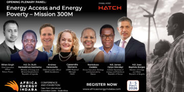 Opening plenary panelists for the Africa Energy Indaba 2026 on “Energy Access and Energy Poverty – Mission 300M,” including Ethen Singh, Hon. Dr. Ruth Nankabirwa Ssentamu, Andrew Herscowitz, Cassandra Siemens, Nontokozo Hadebe, H.E. James Opiyo Wandayi, and H.E. João Baptista Borges.