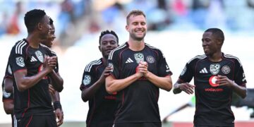 Andre De Jong of Orlando Pirates celebrates a goal with teammates during the 2026 Nedbank Cup match between Tshakhuma Tsha Madzivhandila and Orlando Pirates at Moses Mabhida Stadium in Durban on 7 February 2026 © Alche Greeff/BackpagePix