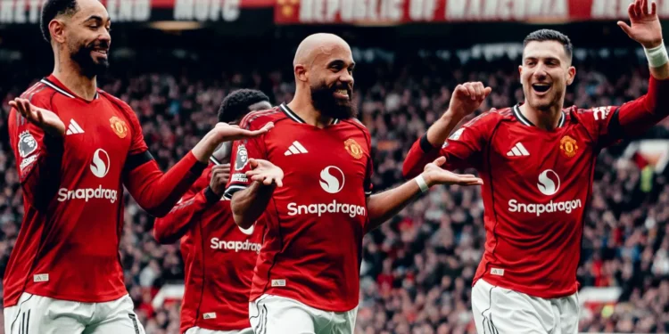 Matheus Cunha, Bryan Mbeumo and Diogo Dalot celebrate as Manchester United took control of the Premier League clash against Tottenham Hotspur at Old Trafford.