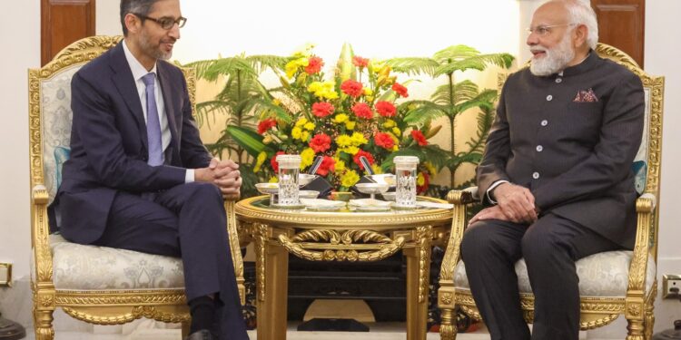 Prime Minister Narendra Modi meets Sundar Pichai on the sidelines of the AI Impact Summit in New Delhi. Photo: X/@narendramodi