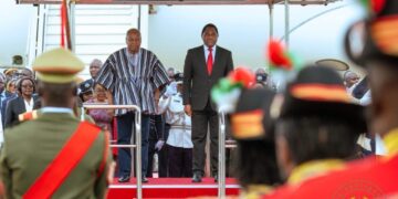 Zambian President Hakainde Hichilema and Ghanaian President John Dramani Mahama during the latter’s arrival at Kenneth Kaunda International Airport in Lusaka for a three day state visit.