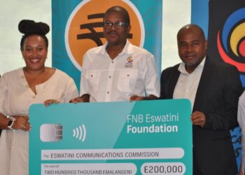 ESCCOM partners and officials pose with the E300 000 cheque supporting the national high school film competition. Photo by InsideBiz