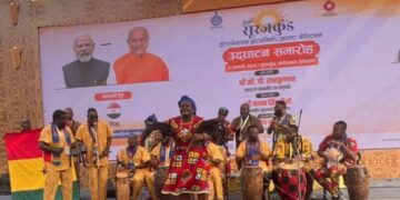 Ghana Dance Ensemble performs at the 39th Surajkund International Crafts Fair in Faridabad, India, thrilling the audience with traditional African rhythms and moves.