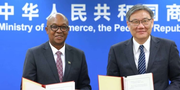 Chinese Minister of Commerce Wang Wentao and South African Minister of Trade, Industry and Competition Parks Tau. Photo by X/@AmbWuPeng