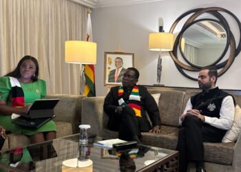 Hon Tatenda Mavetera, Zimbabwe’s Minister of ICT, joins President H.E Dr Emmerson Mnangagwa and Maser Group CEO Prateek Suri during a key meeting at the World Governments Summit 2026 in Dubai.