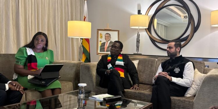 Hon Tatenda Mavetera, Zimbabwe’s Minister of ICT, joins President H.E Dr Emmerson Mnangagwa and Maser Group CEO Prateek Suri during a key meeting at the World Governments Summit 2026 in Dubai.