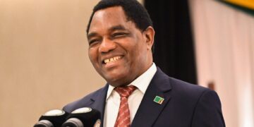 President Hakainde Hichilema speaks during the Ghana–Zambia business dialogue, with President John Dramani Mahama in attendance. Photo by State House Zambia.