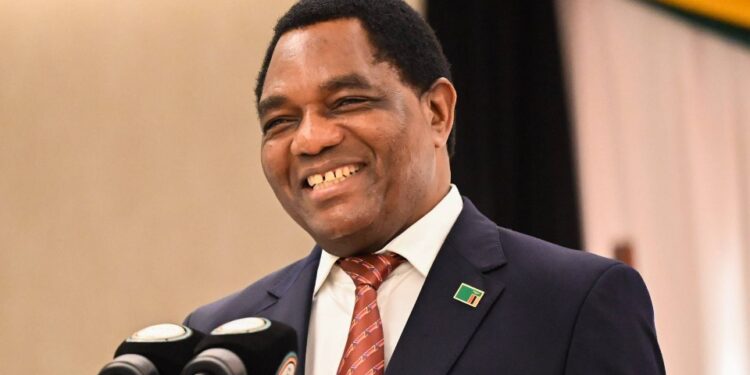 President Hakainde Hichilema speaks during the Ghana–Zambia business dialogue, with President John Dramani Mahama in attendance. Photo by State House Zambia.