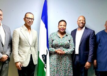 Honourable Nthati Moorosi poses for a group photo with Vodafone Group CEO Mohamed Abdelrehim and executives from Vodacom Group and Vodacom Lesotho following their meeting in Maseru on February 16, 2026.