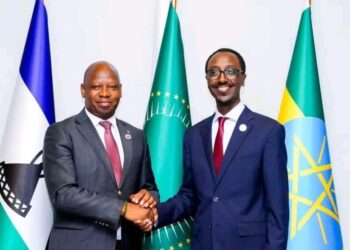 Lesotho’s Minister of Foreign Affairs and International Relations Lejone Mpotjoane and Ethiopia’s Foreign Affairs Minister Gideon Timothewos exchange a handshake during a bilateral meeting on the sidelines of the African Union Summit in February 2026.