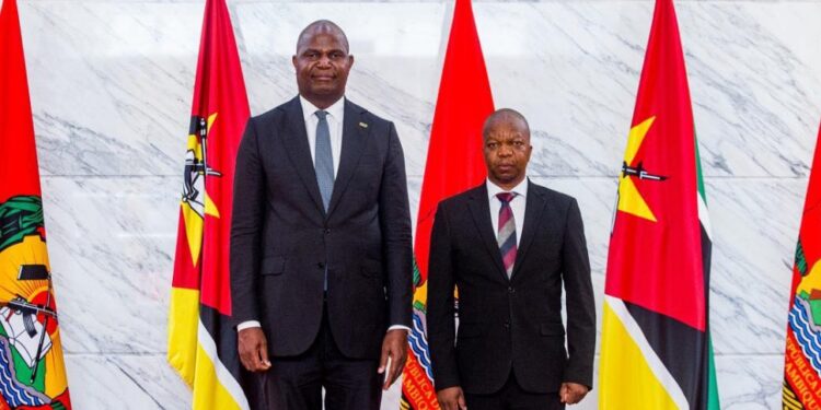 Lesotho’s High Commissioner to Mozambique, His Excellency Mr Ntsime Jafeta, stands alongside President Daniel Francisco Chapo following the presentation of credentials in Maputo.