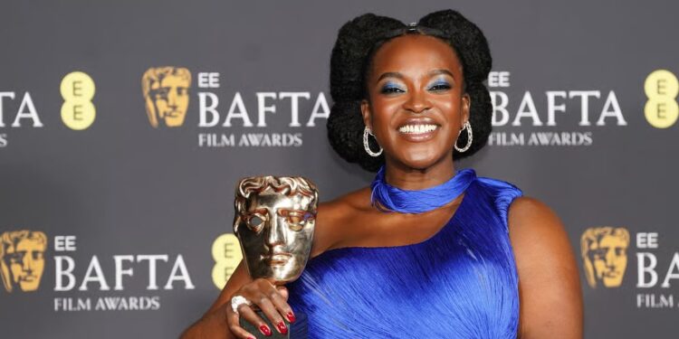 Wunmi Mosaku celebrates her Bafta win for her role as Annie in Sinners