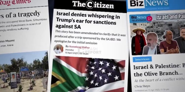 Headline collage showing Sunday Times, The Citizen, and Biz News coverage of Israel-funded trips for journalists and the resulting ethical concerns.