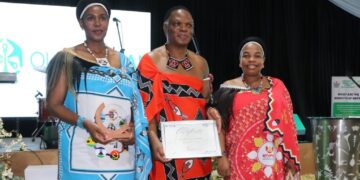 HRH Prince Lonkhokhela, Minister of Natural Resources and Energy, receives the Best Energy Efficiency Initiative award on behalf of the Government of Eswatini for the RFM Hospital Solar System project at the 2026 SADC Sustainable Energy Week Awards in Victoria Falls.