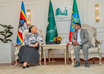 Senator Pholile Shakantu, Minister of Foreign Affairs and International Cooperation, with a senior diplomatic official during the African Union Executive Council meeting ahead of the Heads of State and Government Summit.