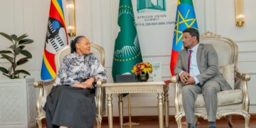 Senator Pholile Shakantu, Minister of Foreign Affairs and International Cooperation, with a senior diplomatic official during the African Union Executive Council meeting ahead of the Heads of State and Government Summit.