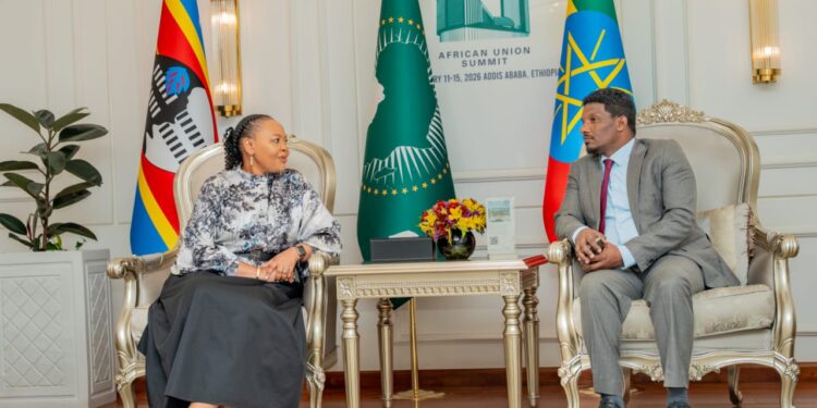 Senator Pholile Shakantu, Minister of Foreign Affairs and International Cooperation, with a senior diplomatic official during the African Union Executive Council meeting ahead of the Heads of State and Government Summit.