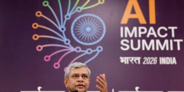 Ashwini Vaishnaw, Minister for Railways, Information & Broadcasting and Electronics and Information Technology gestures as he speaks during a press conference at Bharat Mandapam, one of the venues for AI Impact Summit, in New Delhi, India, February 17, 2026. REUTERS/Bhawika Chhabra