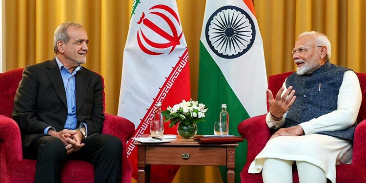 Prime Minister Narendra Modi meets Iranian President Masoud Pezeshkian on the sidelines of the 16th BRICS Summit in Kazan. File | Photo Credit: ANI