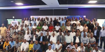 EWADE Chief Executive Officer Dr Samson Sithole joins management, staff and the Founding CEO for a group photo during the launch of the Digital Transformation Strategy at the Operatus Mundi gathering in Mbabane on February 26, 2026.