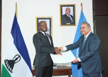 Honourable Minister of Foreign Affairs and International Relations of Lesotho shakes hands with Mr Alankar Malviya after receiving his Letters of Appointment as UNAIDS Country Director and Representative in Maseru on Wednesday, 4 March 2026.