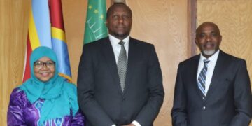 Prime Minister Russell Mmiso Dlamini with outgoing UNICEF Eswatini Resident Representative Amina Mohammed and George Wachira, the UN Resident Coordinator in the Kingdom of Eswatini, during a farewell meeting at the Private and Cabinet Office in Mbabane.