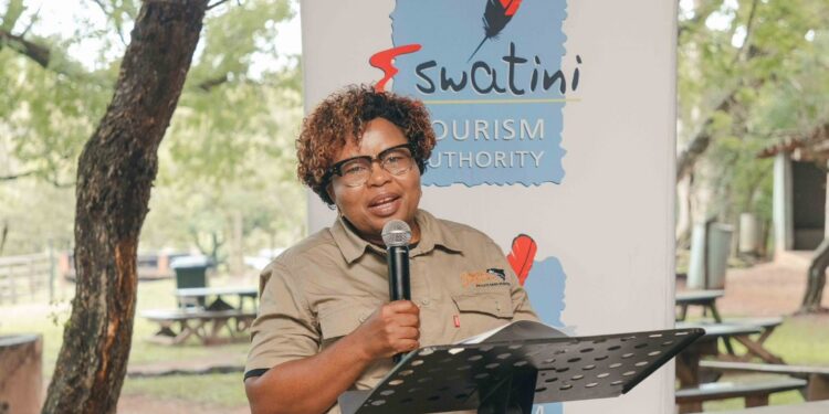 The Minister of Tourism and Environmental Affairs Hon. Jane Mkhonta-Simelane addresses stakeholders and guests at Mlilwane Wildlife Sanctuary during the launch of the 2026 Easter campaign.
