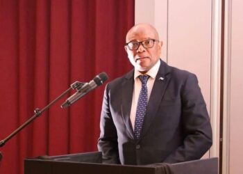 Minister of Environment and Tourism, Hon. Wynter Boipuso Mmolotsi, addresses guests during Botswana Night at ITB Berlin 2026.