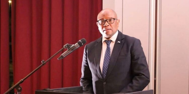 Minister of Environment and Tourism, Hon. Wynter Boipuso Mmolotsi, addresses guests during Botswana Night at ITB Berlin 2026.