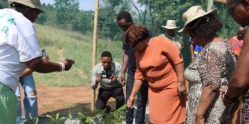 The Minister inspects one of the young plants during the handover of the “Planting for the Future” project in Hhukwini