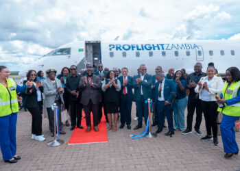 Proflight Zambia officials, aviation stakeholders and invited guests pose for a group photo during the launch of the Lusaka Livingstone Windhoek