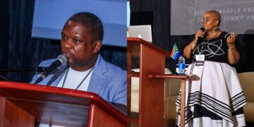 Vusi Leeuw and Sinamandla Kwepile share insights with artists during the third Eswatini Arts Summit at IDM. Photo by ENCAC