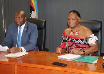 Russell Mmiso Dlamini and Prince Lonkhokhela seated during the media briefing where government announced measures to cushion emaSwati from the recent electricity tariff increase.