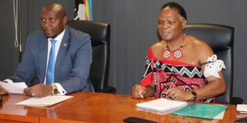 Russell Mmiso Dlamini and Prince Lonkhokhela seated during the media briefing where government announced measures to cushion emaSwati from the recent electricity tariff increase.