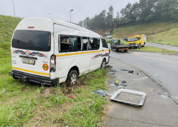 Accident scene near the Eswatini College of Technology where emergency personnel responded after a kombi carrying schoolchildren crashed on Wednesday morning. Photo by Times of Eswatini.