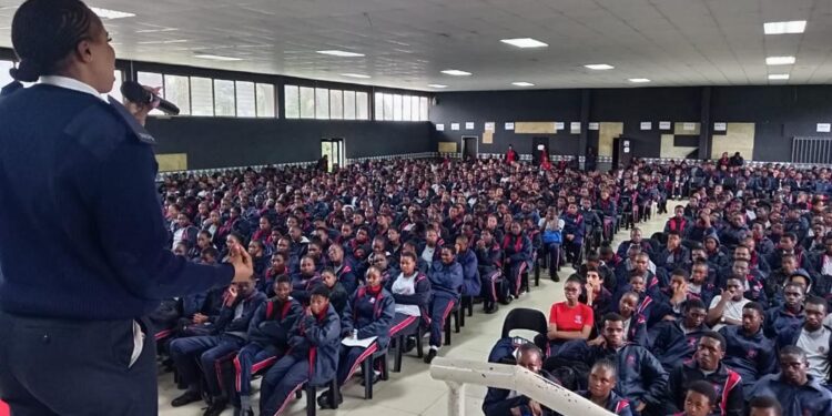 Royal Eswatini Police Service Community Safety officers address learners at St Mark’s High School in Mbabane during a crime awareness session on Wednesday afternoon.