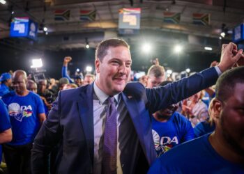 Newly elected Democratic Alliance federal leader Geordin Hill-Lewis addresses delegates at the party's federal congress held at Gallagher Estate in Midrand, north of Johannesburg, on Sunday.