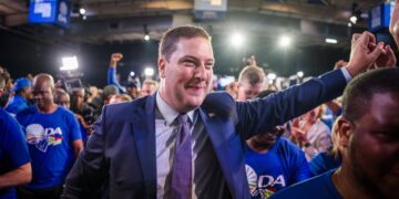 Newly elected Democratic Alliance federal leader Geordin Hill-Lewis addresses delegates at the party's federal congress held at Gallagher Estate in Midrand, north of Johannesburg, on Sunday.