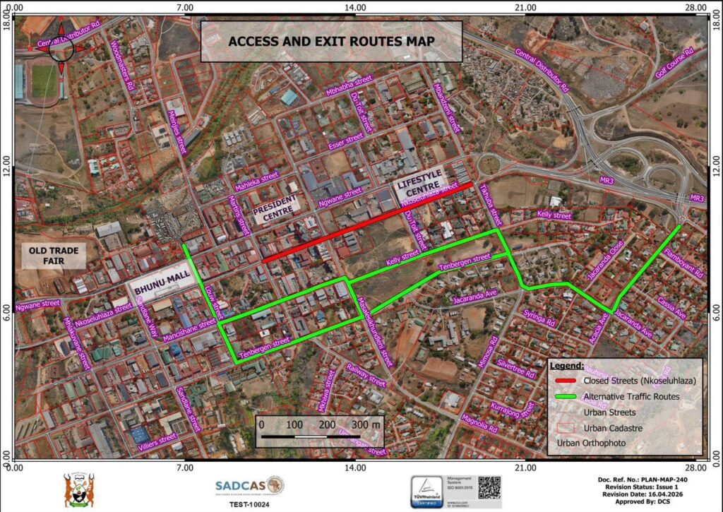 A map issued by the Municipal Council of Manzini on Friday, 17 April 2026, showing alternative routes for motorists affected by the closure of Nkoseluhlaza Street, including the Mjingo High School route via Tenbergen Street and the route via the Women and Children Hospital.